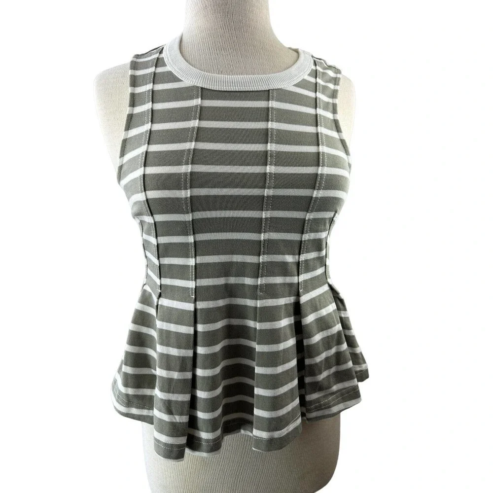 NWT Anthro Postmark Striped Pleated Peplum Top XS Clean Girl Preppy Chic Brunch - Picture 2 of 11